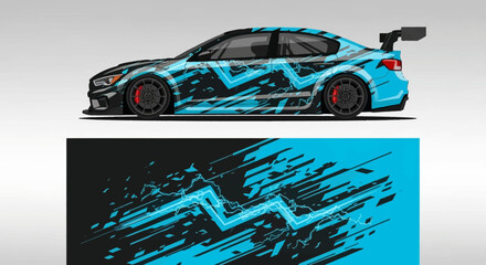 Blue Neon Race Car Graphic with Bold Livery Design and Dynamic Accents. © Lailatul