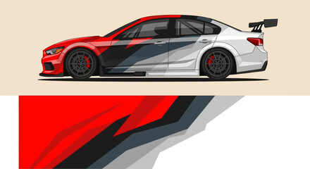 Fototapeta premium Dynamic red and white race car illustration with aggressive aero on track.