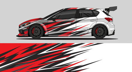 Fototapeta premium Sleek race car with dynamic red and black graphic livery on track for high speed visuals.