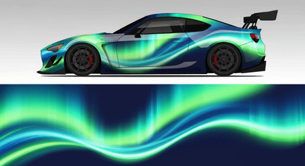 Fototapeta premium Sleek blue and green sports car with neon wave graphics.
