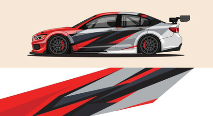 Sleek red and black racecar with aerodynamic livery, spoilers, and dynamic graphics. © Lailatul