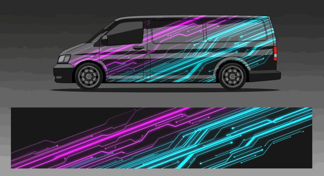 Colorful diagonal vinyl wrap design on a van featuring neon purple and blue stripes for graphic branding.