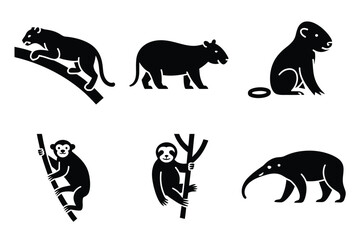 Fototapeta premium Six black silhouettes of animals and mammals wildlife