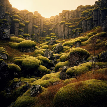 Canyon de basalte hexagonal couvert de mousse verte au coucher du soleil en Islande spectaculaire

