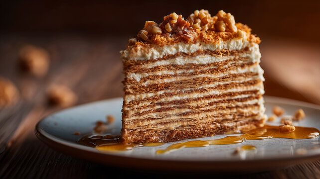 A precise slice of many-layered Czech Medovn&iacute;k honey cake with walnuts and honey drizzle on a plate. Rustic wooden background with soft bokeh.