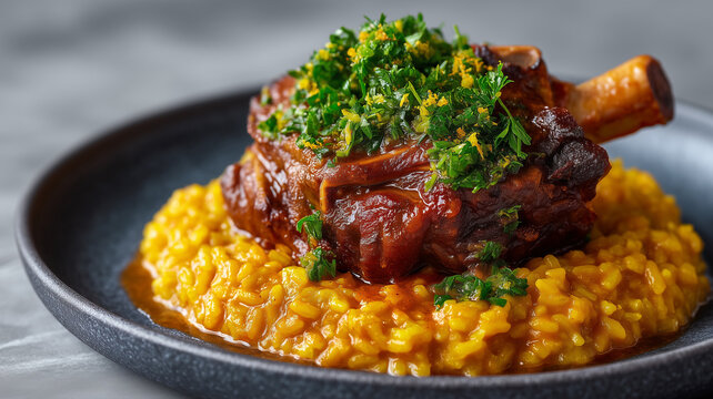 Tender braised veal shank served on a bed of creamy yellow saffron risotto, garnished with fresh gremolata and lemon zest.