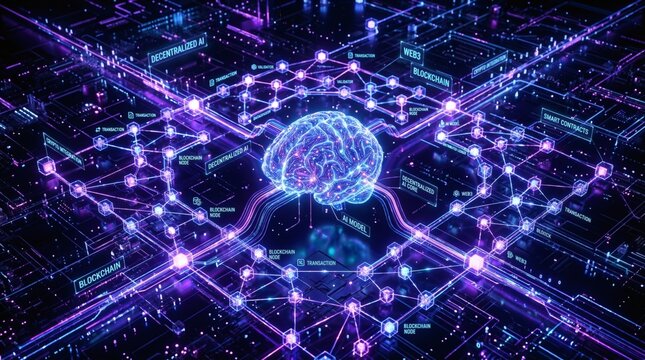 AI brain connected to blockchain network nodes. Decentralized artificial intelligence web3 technology, crypto and AI integration, smart contract digital innovation concept