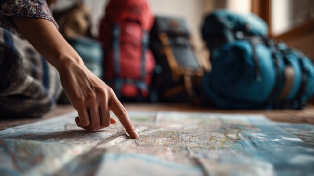A young woman's hand pointing at an open map spread out on her living room floor, with backpacks and travel gear scattered around.