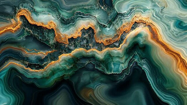 A vibrant abstract illustration of a swirling agate stone pattern with shades of green and orange hues.
