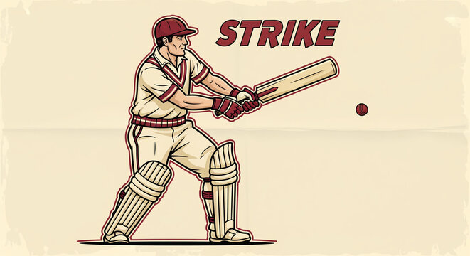 Vintage Cricket Player Batting Action Illustration with Strike Text.