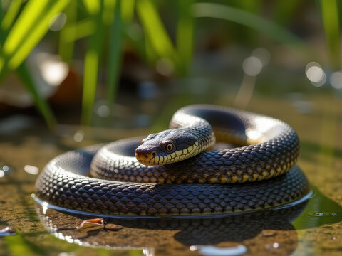 Northern Water Snake (Nerodia sipedon) coiled in shallow water under the sun