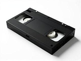 A black video cassette sits on a white table, ready for use or storage