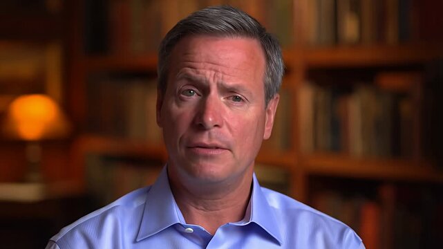 Man in blue shirt speaking with bookshelves and lamp in background, interview segment man speaking, talking.