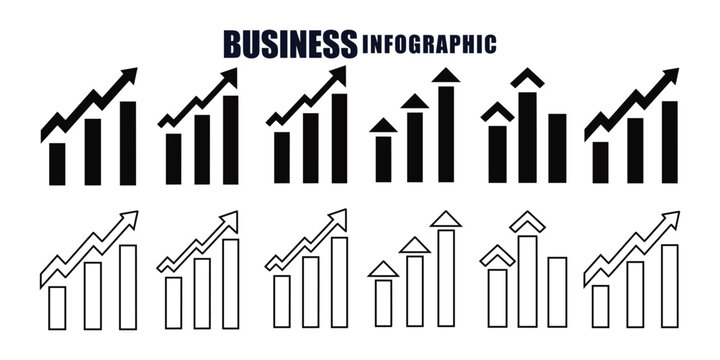 Business growing graph icon set profit increase decrease arrow up down.  Business graphs and charts icons. Statistics and analytics vector icon.