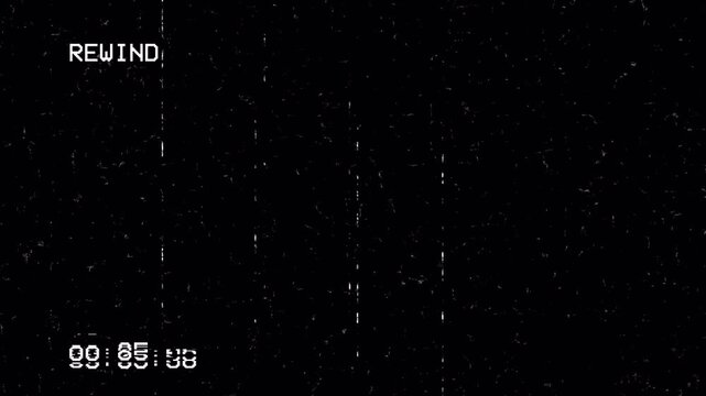 Retro VHS Rewind Screen with Analog Glitch Static and Timecode Overlay 4k video animation seamless loop