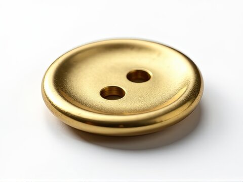 Close-up shot of a shiny gold button on a white background