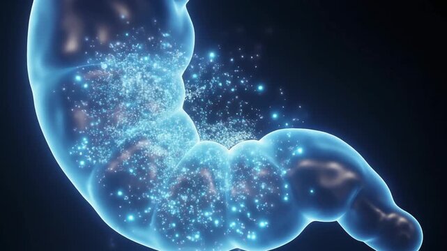 Abstract visualization of the human gut microbiome, showcasing beneficial bacteria and microorganisms working within the digestive system for optimal health and wellness