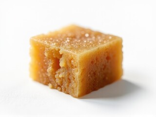 A small piece of sugar cube sits on a white surface, great for still life or confectionery photography