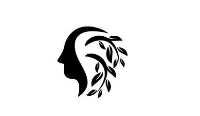 Abstract Human Head Silhouette with Leafy Branches Representing Nature, Growth, and Mental Well-being