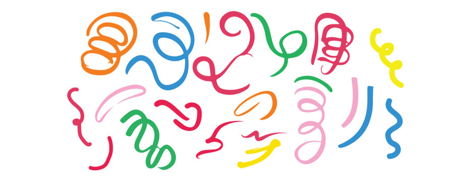 Colorful curly lines and swirls in various shapes and sizes on white
