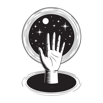 Hand reaching out from a circular hatch into a starry night sky