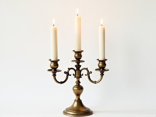 A simple yet elegant scene with three candles lit on a stand against a white background, perfect for use in minimalistic designs or as a symbol of hope and guidance