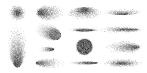 Gradient grain dot shadow with noise effect on white background. Abstract grunge oval and circle shade with black shape element and stipple fade dust. Sand spray effect, vector illustration.