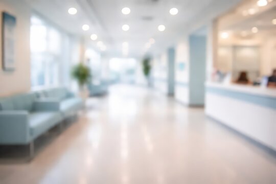 Blurred abstract background of modern hospital or clinic waiting area with light blue sofas and reception desk, showcasing a clean and bright medical facility interior.