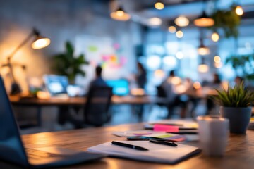 Blurred Modern Office Environment with People Working on Laptops and Desks, Emphasizing Collaboration and Productivity in a Contemporary Workspace