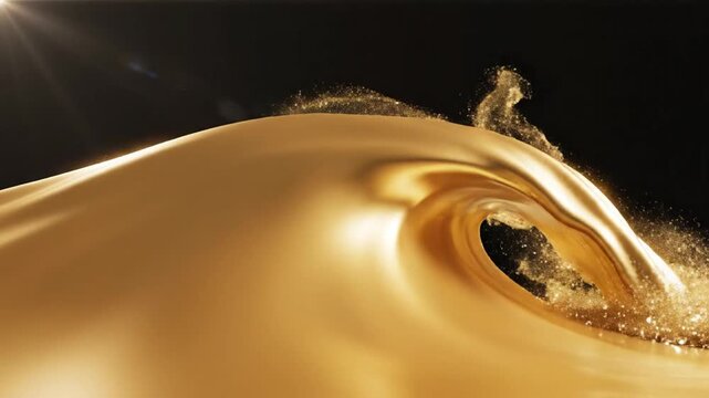 Golden glitter wave cresting on dark background with bright light