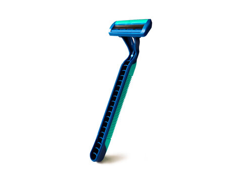 Blue disposable razor with a plastic handle and a green grip strip. The razor head features multiple horizontal blades for shaving. 