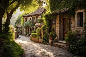 Stone houses with ivy covered walls and tiled roofs line a sunlit cobblestone street