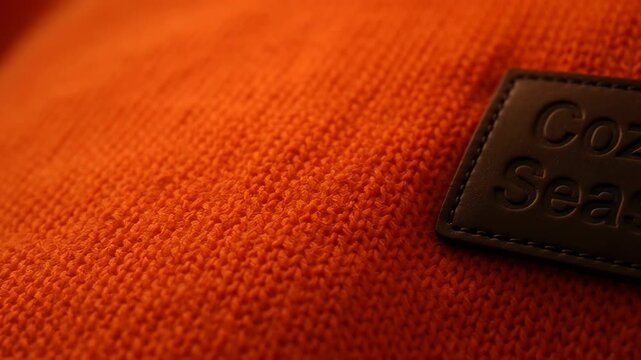 Macro close up of bright orange knitted fabric panning to reveal a stitched leather patch with the text Cozy Season, representing autumn warmth and comfort