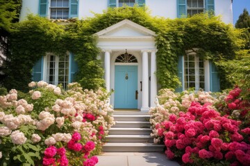 Naklejka premium Traditional house featuring a light blue door, white columns, vine covered facade, and vibrant blooming hydrangeas