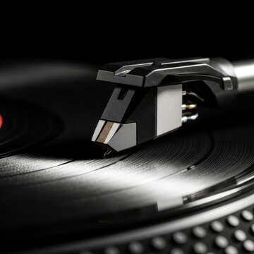 Close-up of high-end phono cartridge stylus diamond tip riding black vinyl record grooves under dramatic lighting, evoking analog music nostalgia.