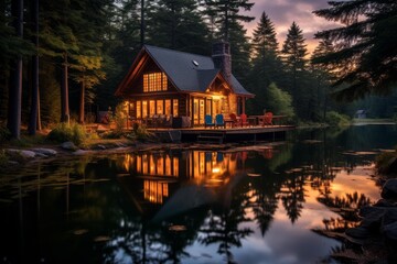Obraz premium Rustic house with lights on by a tranquil lake at dusk, surrounded by forest