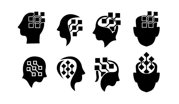 Artificial Intelligence Human Head Icons Set - AI Brain Technology Concepts