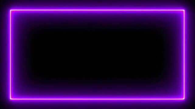 Bright glowing purple neon light frame in rectangular shape against dark empty background