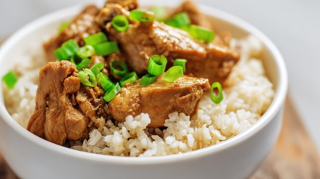 Close Up of a Bowl of Steamed White Rice and Authentic Chicken Adobo, Filipino Classic Dish with Tender Chicken Thighs Braised in Soy Sauce, Vinegar, Garlic, Bay Leaves, and Black Peppercorns, Rich Da