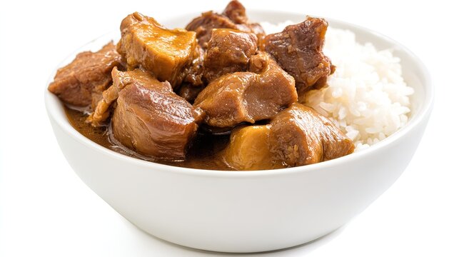 Close Up of a Bowl of Steamed White Rice and Authentic Chicken Adobo, Filipino Classic Dish with Tender Chicken Thighs Braised in Soy Sauce, Vinegar, Garlic, Bay Leaves, and Black Peppercorns, Rich Da