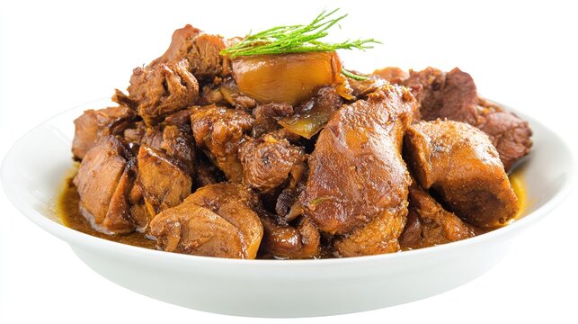 Close Up of a Bowl of Steamed White Rice and Authentic Chicken Adobo, Filipino Classic Dish with Tender Chicken Thighs Braised in Soy Sauce, Vinegar, Garlic, Bay Leaves, and Black Peppercorns, Rich Da
