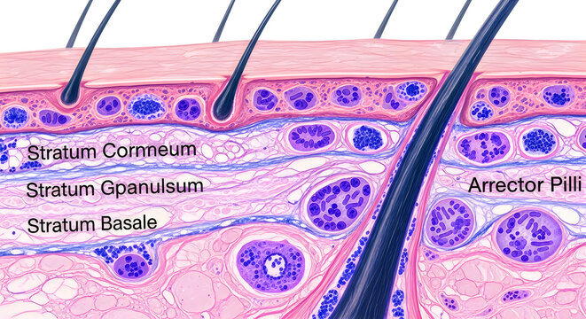 Detailed vector illustration of human skin layers with hair follicles and arrector pili muscles
