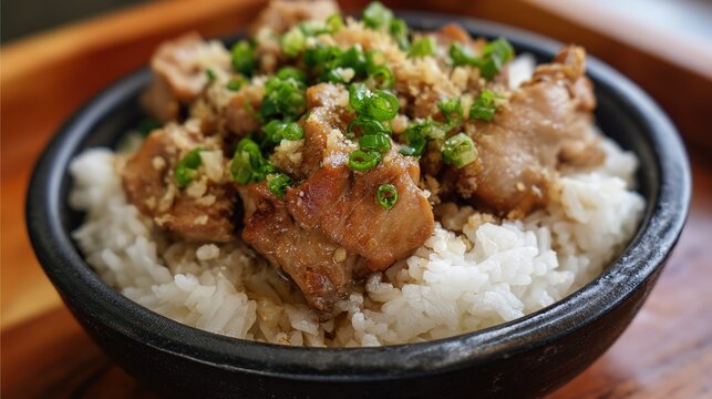 Close Up of a Bowl of Steamed White Rice and Authentic Chicken Adobo, Filipino Classic Dish with Tender Chicken Thighs Braised in Soy Sauce, Vinegar, Garlic, Bay Leaves, and Black Peppercorns, Rich Da