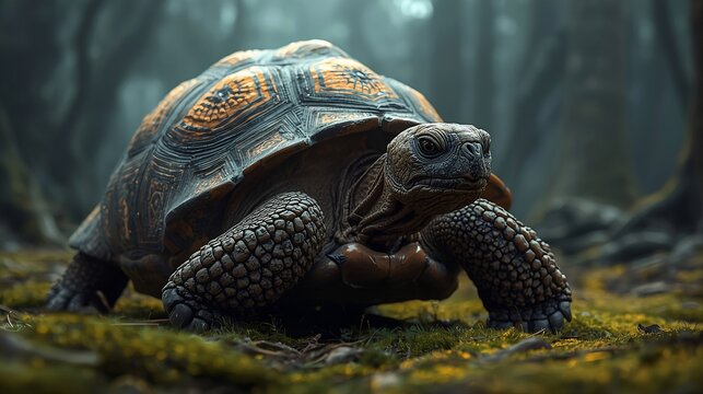 Giant tortoise walking through a dark mystical forest with detailed shell texture, cinematic atmosphere.