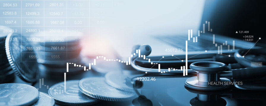Healthcare business graph and data of Medical business growth on laptop. Medical business report on global network. Health service business growth