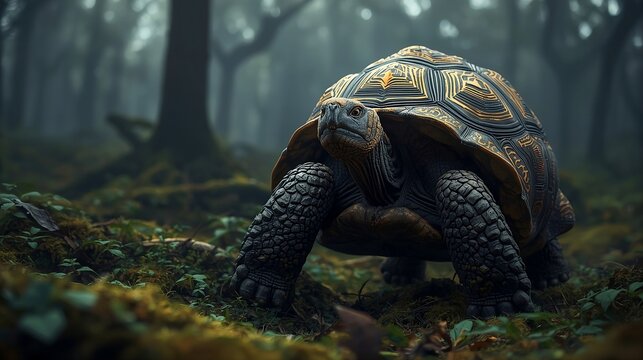 Giant tortoise walking through a dark mystical forest with detailed shell texture, cinematic atmosphere.