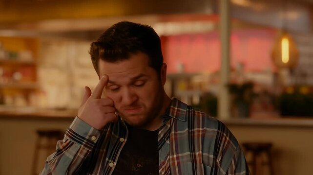Man with skeptical facial expression thinking hard in a bar setting, confused thoughts, pondering, male.