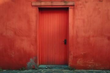 Red wooden door standing out on a textured terracotta wall with grunge details