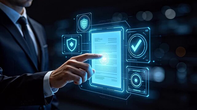 Businessman in suit interacting with futuristic holographic interface digital security data protection biometric authentication virtual screen technology concept,HomeDecorAccent