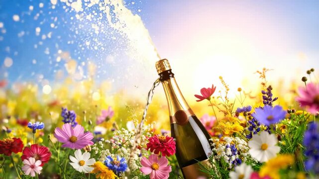 Sparkling champagne bottle popping open in a vibrant field of wildflowers under a bright summer sun